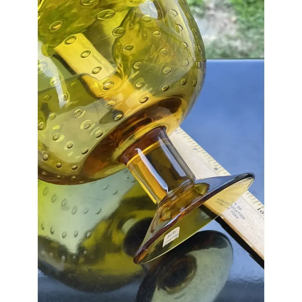Bischoff Gold Footed Bubbles Compote Bowl Pinched Edge Art Glass Amber Pedestal‎